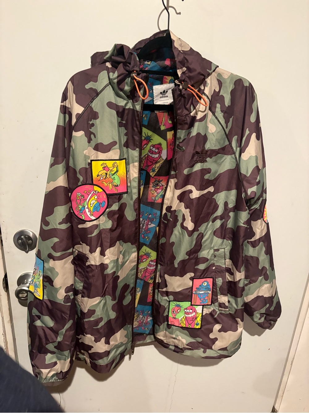 adidas Kids Camo Hooded Raincoat with Colorful Patch Accents - Green/Brown